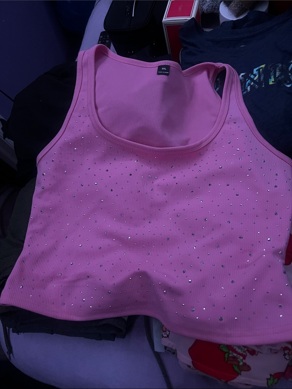 Pink Rhinestone Ribbed Tank Top - Unbranded